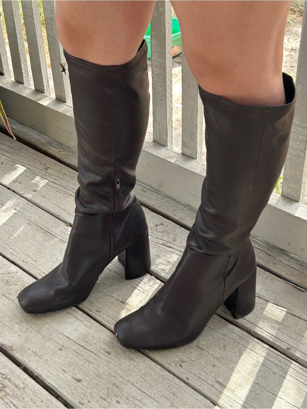 Classic Knee-High Block Heel Boots in Dark Brown
